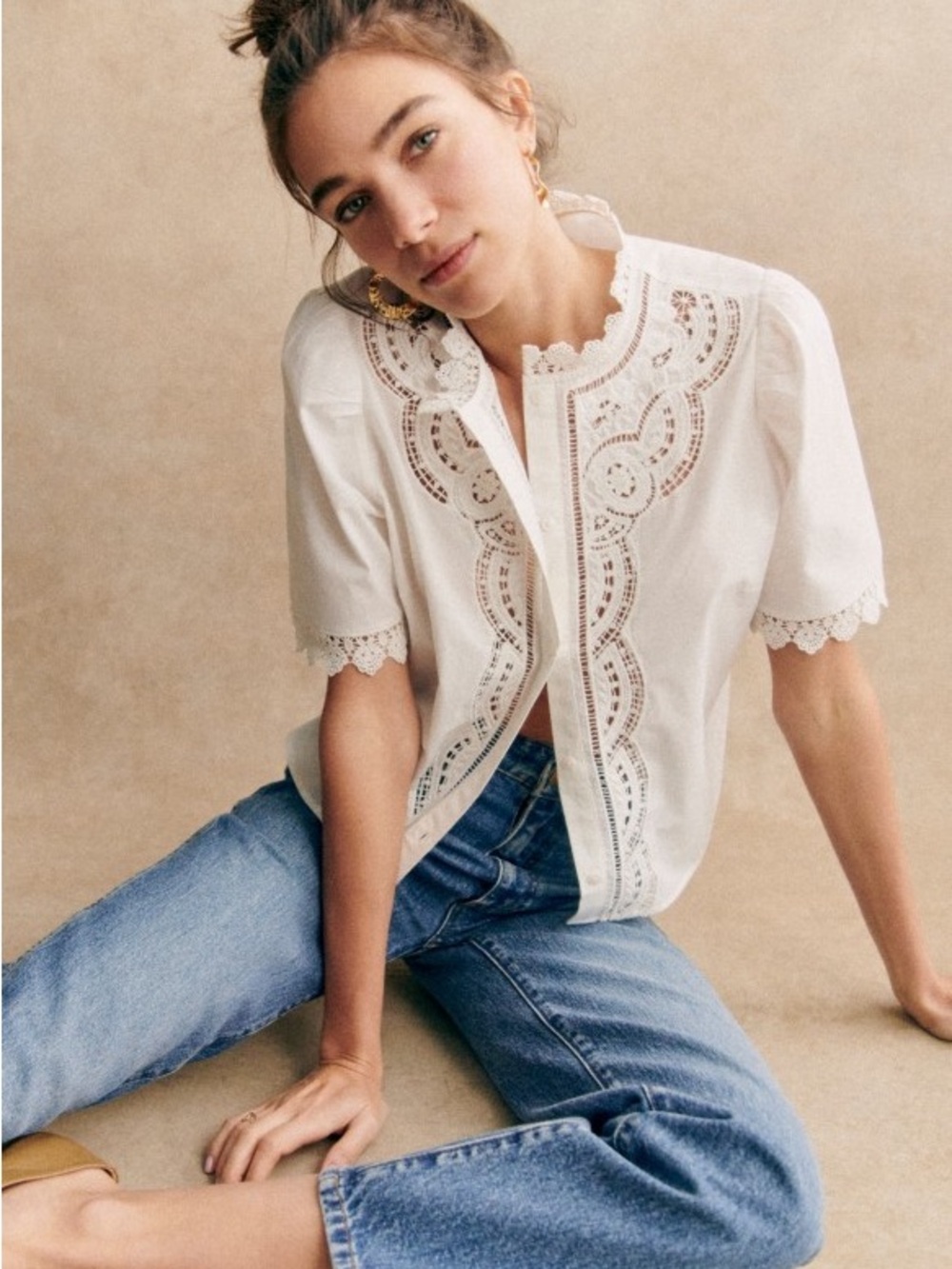 Sezane White Eyelet Lace Trim Button-Up Blouse